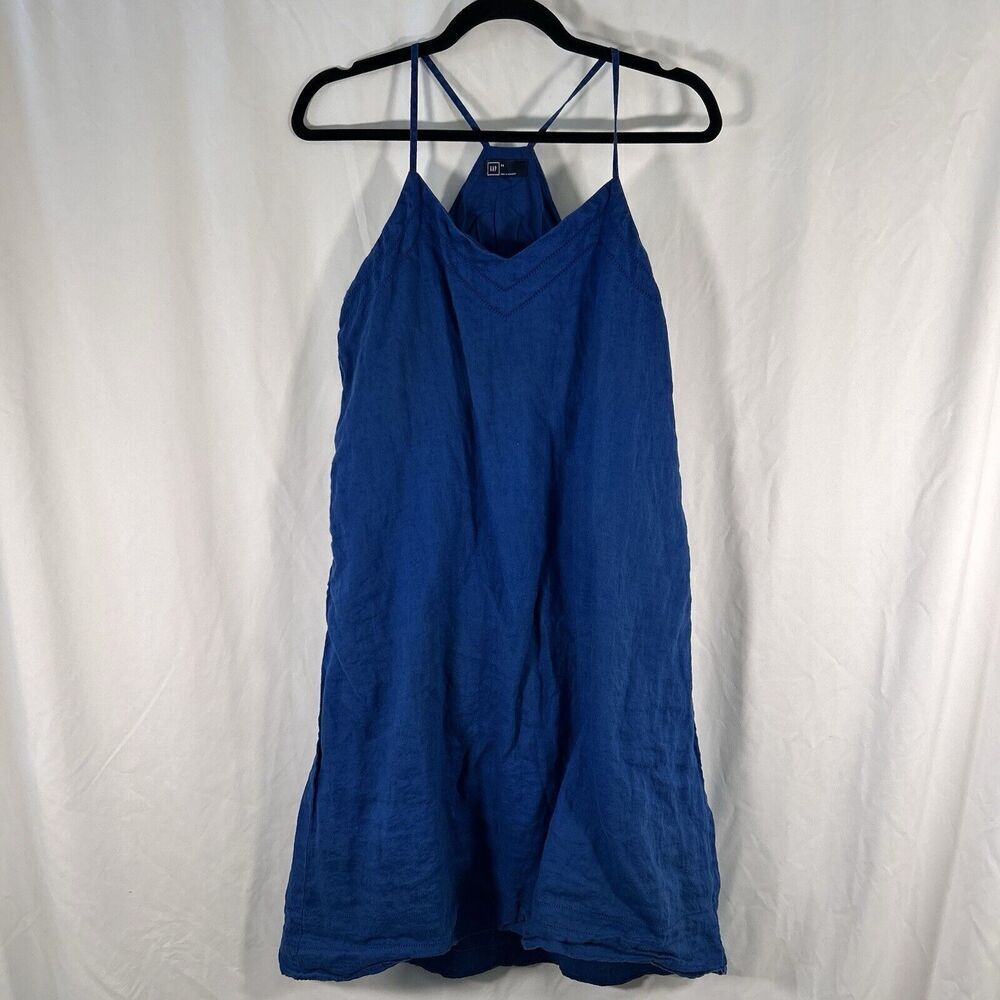 Gap Linen Dress Women's 2 Blue Sleeveless Strappy Midi Length Lined Pullover